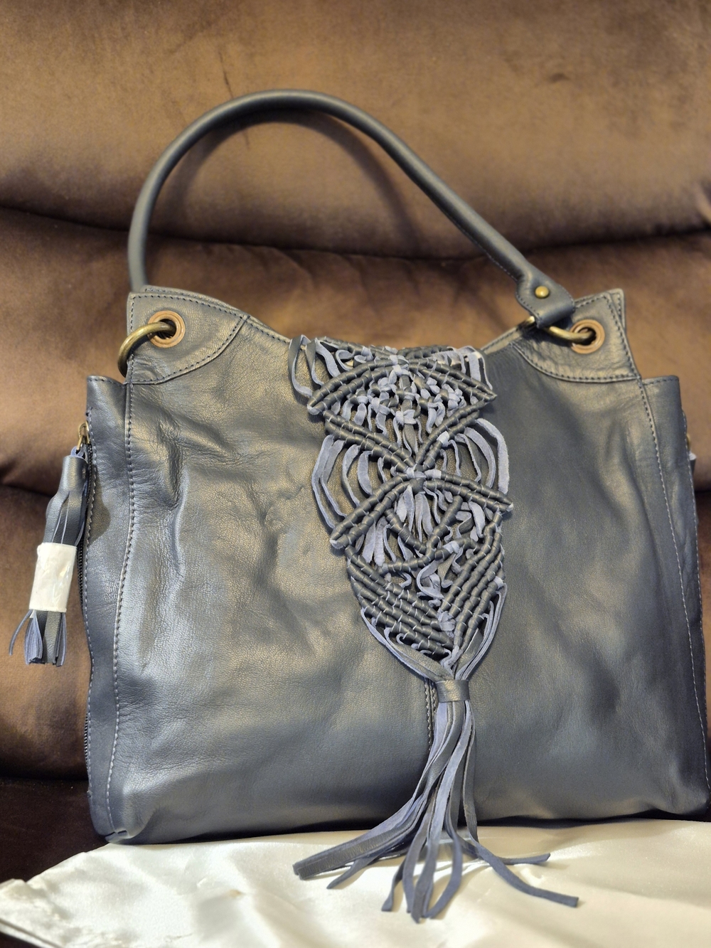Women's Blue Genuine Leather Macramé Tassel Tote